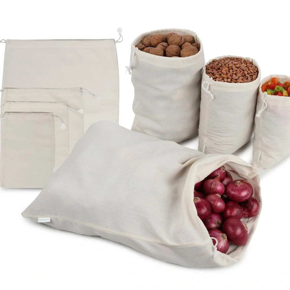 Reusable Cotton Storage Produce Bags With Drawstrings, Muslin Bags